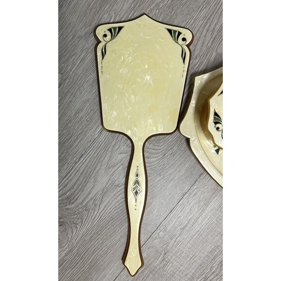 VTG Pyralin Celluloid Pearlized Vanity Set Tray Mirror Shoe Horn Powder Boxes - Picture 3 of 16